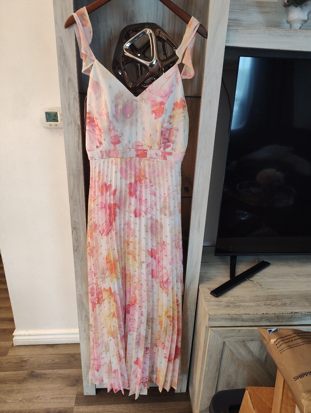 Crystal Doll Floral Pleated Maxi Dress - Pink & Cream